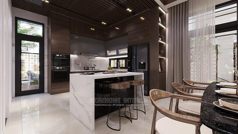 Đá nhân tạo vân mây màu trắng ốp bàn đảo bếp sang trọng